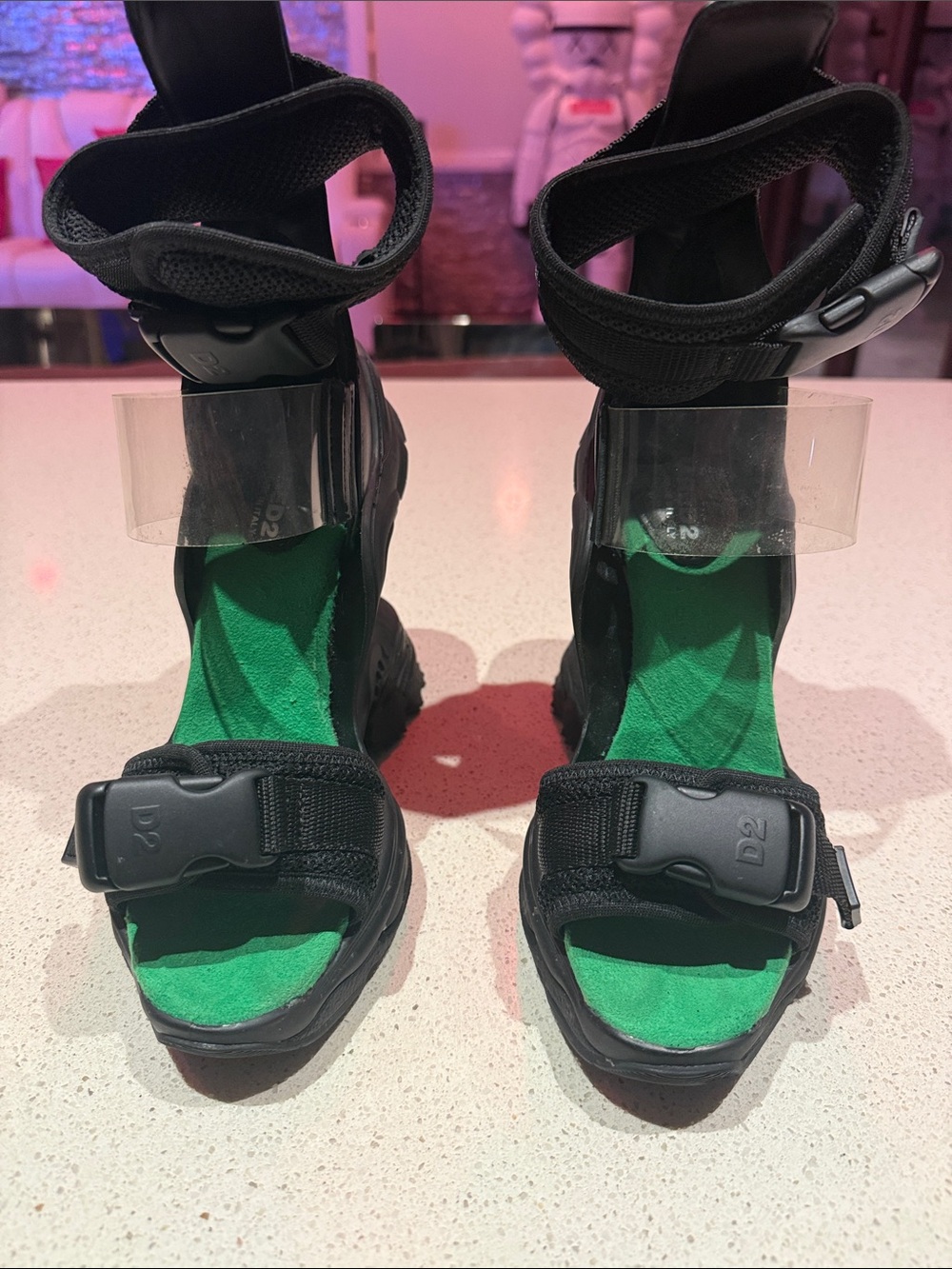 DSQUARED2 Black Strappy Sandals with Green Footbed